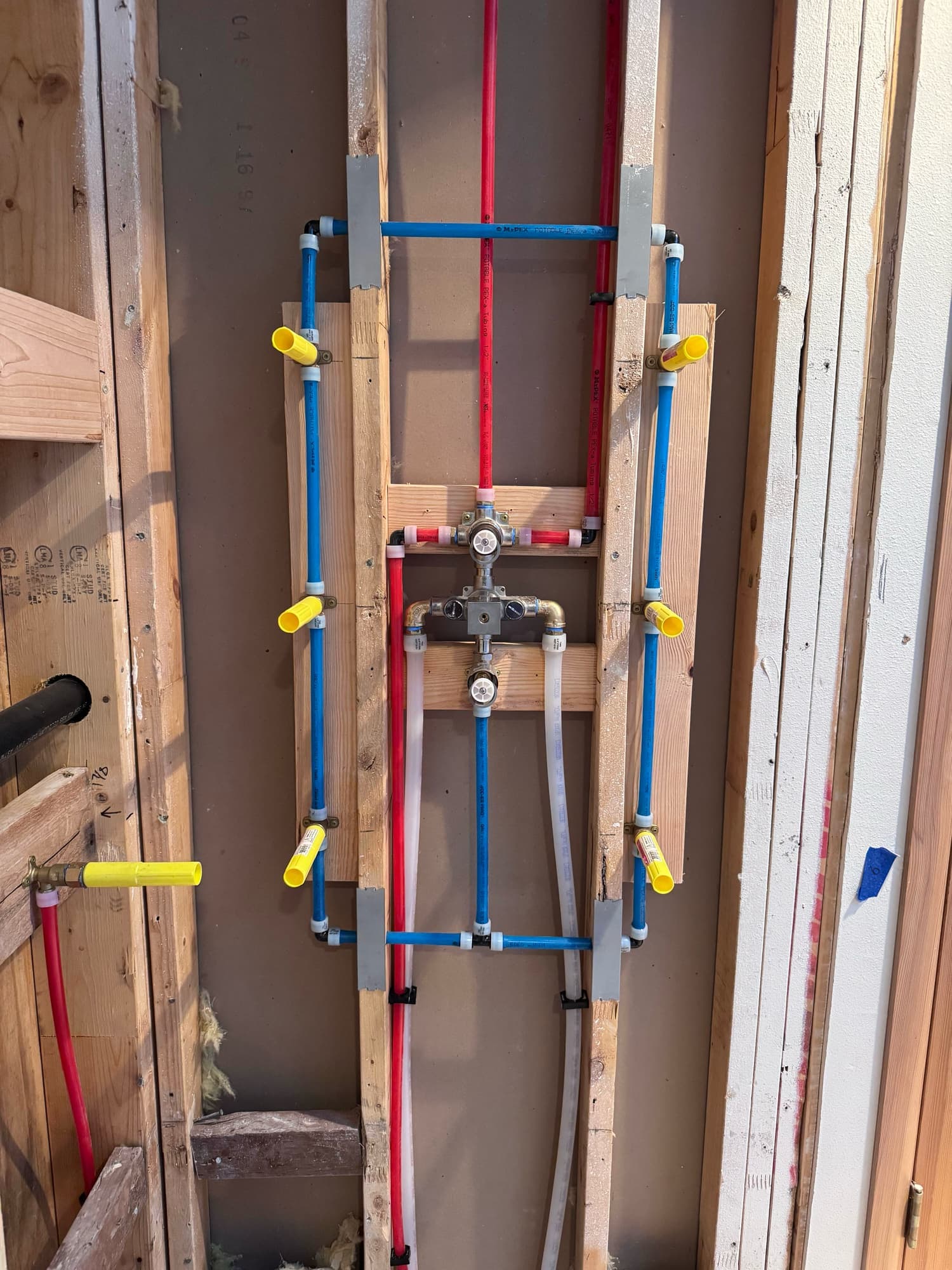 New red and blue PEX water lines run through open wall studs during a Beaver's Plumbing repipe